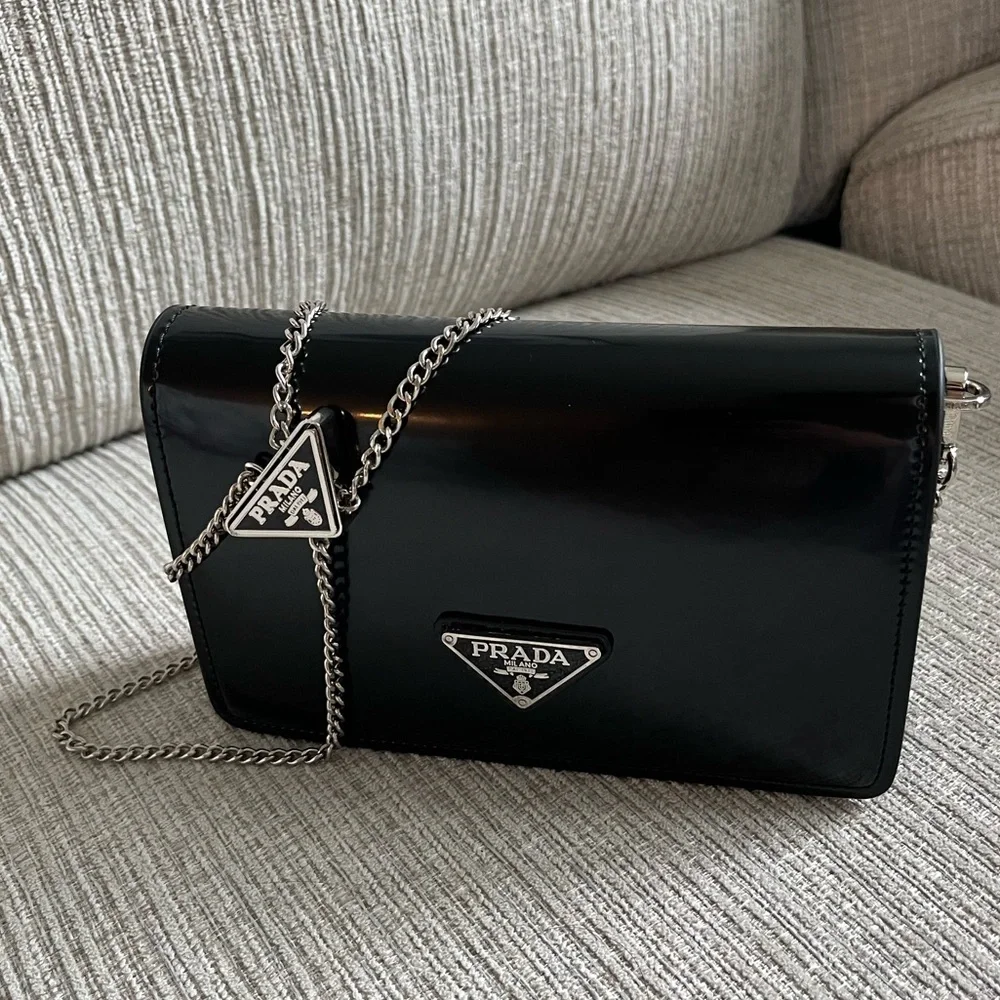 Prada Black Patent Leather Clutch with Chain - Picture 13 of 16